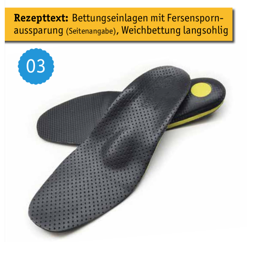 Fußeinlage: Bettungseinlagen mit Fersensporn-Aussparung und Weichbettung langsohlig Fußeinlage: Bettungseinlagen mit Fersensporn-Aussparung und Weichbettung langsohlig